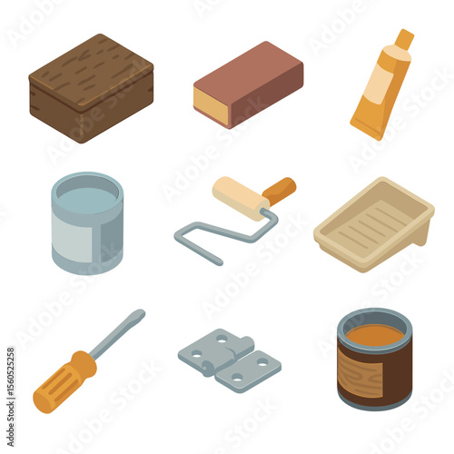 DIY Wooden Box Icons. Isometric Flat icon set of DIY wooden box restoration: vintage wooden box, sandpaper block, wood filler tube