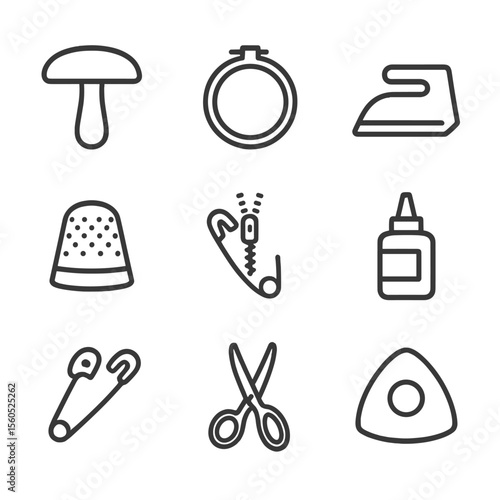 Clothing Repair Toolkit Icons. Outline icon set of clothing repair toolkit: darning mushroom, embroidery hoop, iron, thimble,