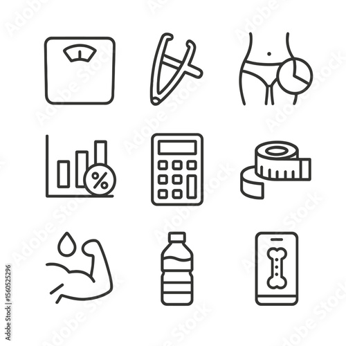 Body Metrics Icons. Outline icon set of body composition metrics: scale, caliper, body fat percentage chart, BMI calculator, tape