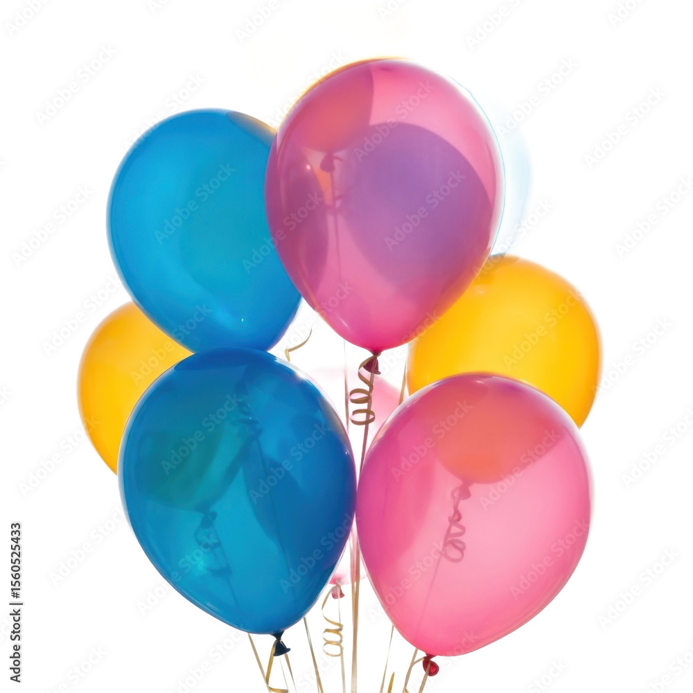 Vibrant Cluster of Balloons in Blue Pink and Yellow Against Isolated Transparent Background Vibrant Cluster of Balloons in Blue Pink and Yellow Against Isolated Transparent Background