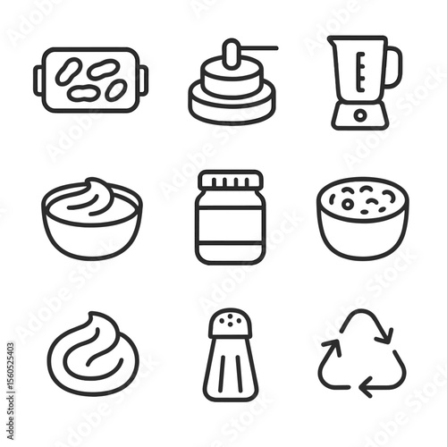 Earthnut Butter Icons. Outline icon set of Earthnut butter making: roasting pan, grinding stone, blender jar, creamy spread, jar