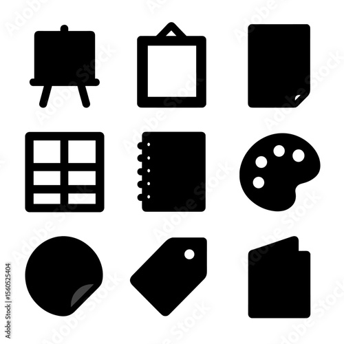 Blank Art Icons Grid. Solid, filled icon set of blank creative elements: blank canvas, empty photo frame, blank poster, empty