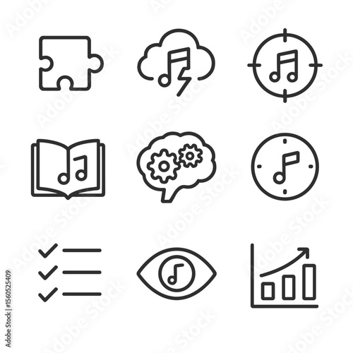 Cognitive Enhancement Icons. Outline icon set of cognitive enhancement via music: puzzle piece, memory cloud, focus target,