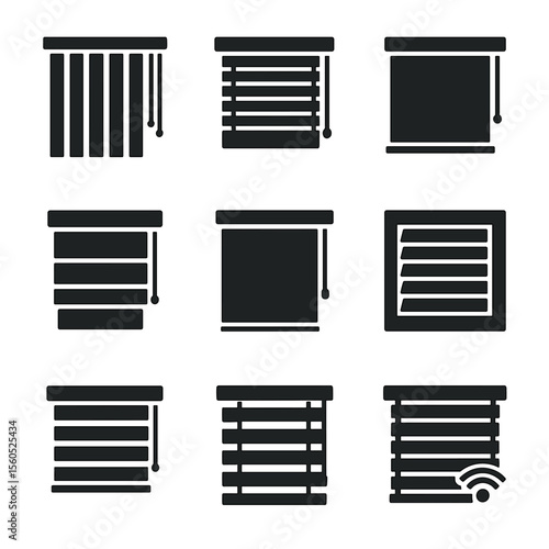 Blind Types Icons. Solid, filled icon set of window blind types: vertical blinds, horizontal blinds, roller blinds, Roman shades,
