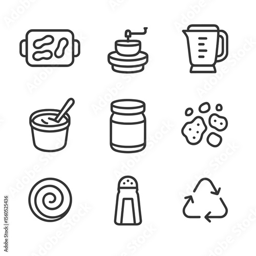 Earthnut Butter Icons. Outline icon set of Earthnut butter making: roasting pan, grinding stone, blender jar, creamy spread, jar