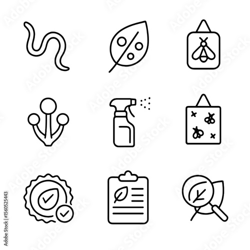 Earthnut Pest Icons. Outline icon set of Earthnut pests and diseases: nematode worm, leaf spot lesion, insect trap, fungus spore