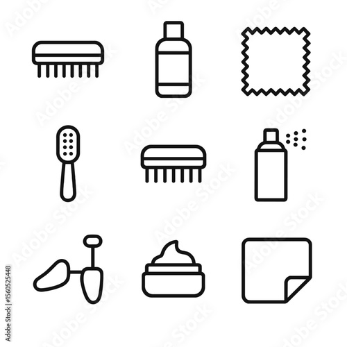 Boot Care Icons. Outline icon set of boot cleaning tools: shoe brush, leather cleaner bottle, polish cloth, suede brush, boot