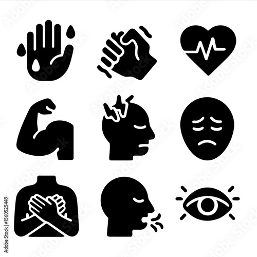 Body Stress Icons. Solid, filled icon set of body stress signals: sweating palm, shaking hand, racing heart, muscle tension,