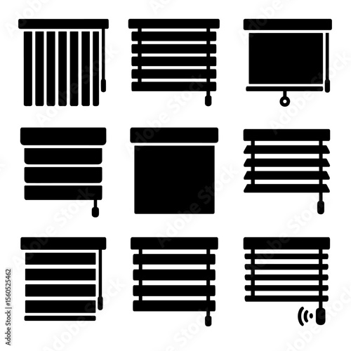 Blind Types Icons. Solid, filled icon set of window blind types: vertical blinds, horizontal blinds, roller blinds, Roman shades,