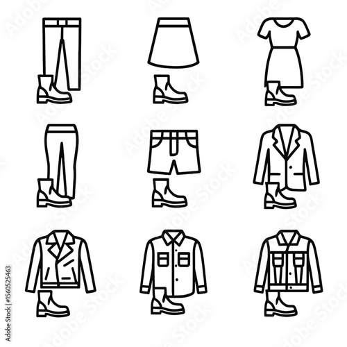 Boot Fashion Icons. Outline icon set of boot fashion combinations: boot and jeans, boot and skirt, boot and dress, boot and