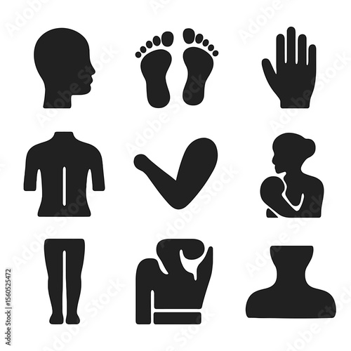 Body Zone Care Icons. Solid, filled icon set of body zone care: face silhouette, feet icon, hand icon, back area, elbow, shoulder,