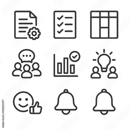 Collaboration Tools Icons. Outline icon set of team collaboration platforms: shared document, task list, kanban board, group chat,