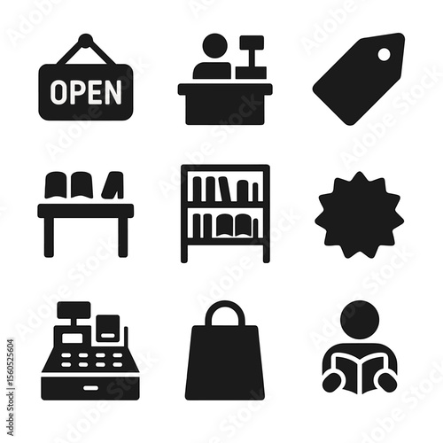 Bookshop Icon Set. Solid, filled icon set of bookshop elements: open sign, checkout counter, price tag, display table, genre shelf