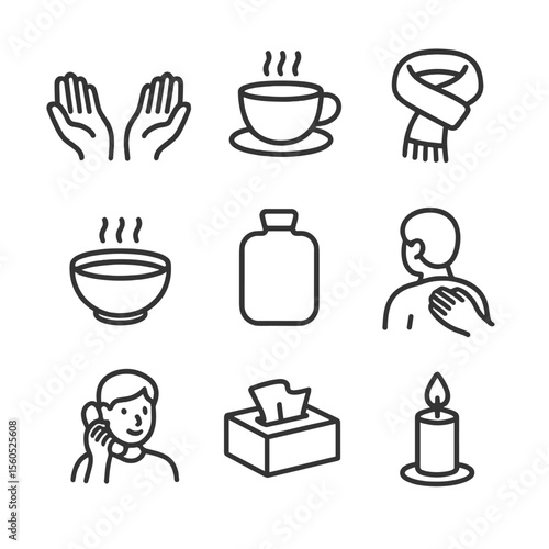 Comforting Care Icon Set. Outline icon set of comforting care gestures: open hands, warm cup of tea, wrapped scarf, steaming bowl