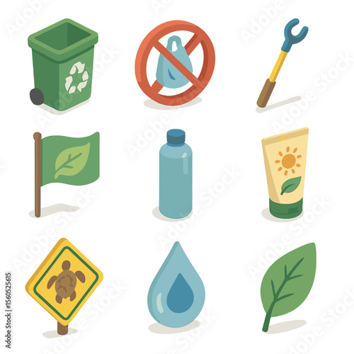 Eco-Friendly Icons Grid. Isometric Flat icon set of paddleboarding environmental awareness: recycling bin, no plastic sign, trash