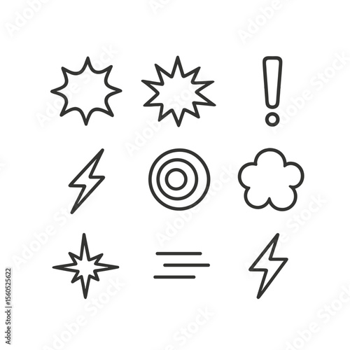 Comic Thunder Icons. Outline icon set of comic thunder effects: “BOOM” text bubble, jagged burst shape, exclamation mark, sound