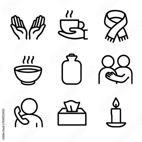 Comforting Care Icon Set. Outline icon set of comforting care gestures: open hands, warm cup of tea, wrapped scarf, steaming bowl