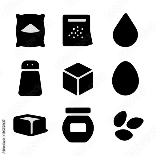 Bread Ingredient Icons. Solid, filled icon set of bread ingredients: flour sack, yeast packet, water droplet, salt shaker, sugar
