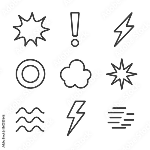 Comic Thunder Icons. Outline icon set of comic thunder effects: “BOOM” text bubble, jagged burst shape, exclamation mark, sound