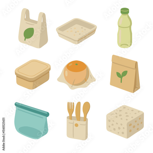 Eco-Packaging Icon Set. Isometric Flat icon set of eco-packaging solutions: biodegradable bag, mushroom packaging block, PLA