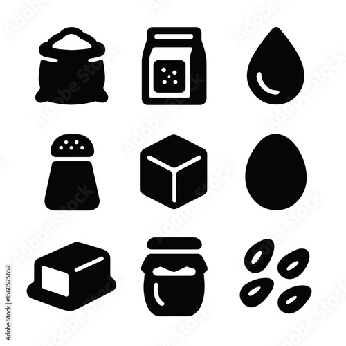 Bread Ingredient Icons. Solid, filled icon set of bread ingredients: flour sack, yeast packet, water droplet, salt shaker, sugar