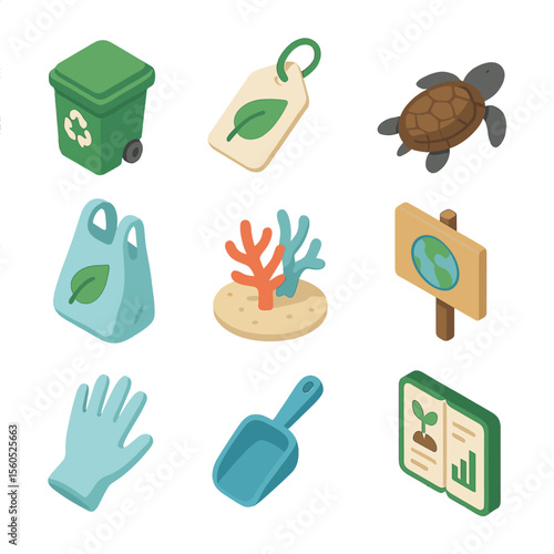 Ecology Icon Collection. Isometric Flat icon set of conservation and ecology: recycling bin, eco-label, sea turtle hatchling,