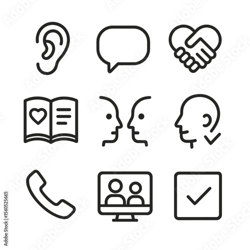 Communication Icons Set. Outline icon set of deep couples communication: listening ear, open speech bubble, heart handshake,