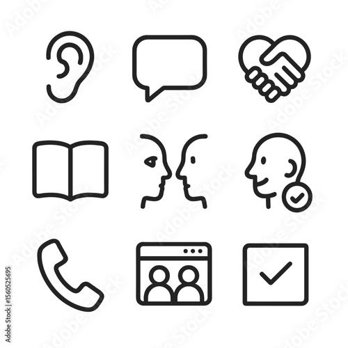 Communication Icons Set. Outline icon set of deep couples communication: listening ear, open speech bubble, heart handshake,