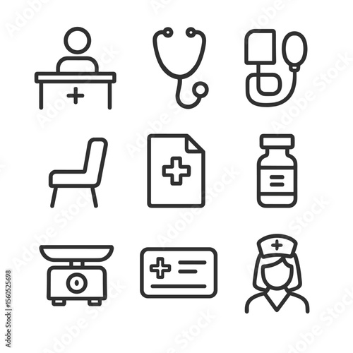 Community Health Icons. Outline icon set of community health clinics: registration desk, stethoscope, blood pressure cuff, waiting