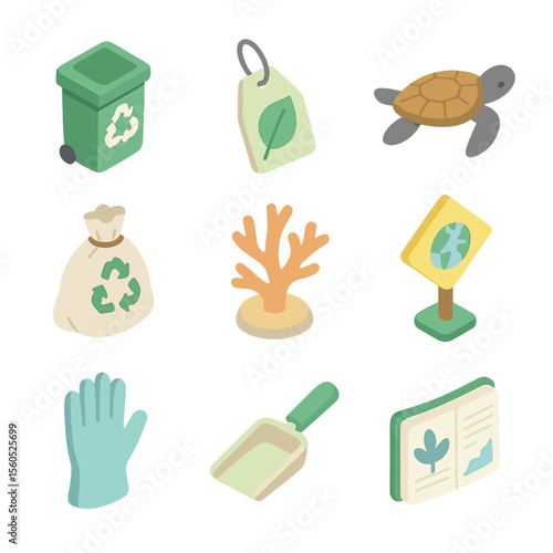 Ecology Icon Collection. Isometric Flat icon set of conservation and ecology: recycling bin, eco-label, sea turtle hatchling,