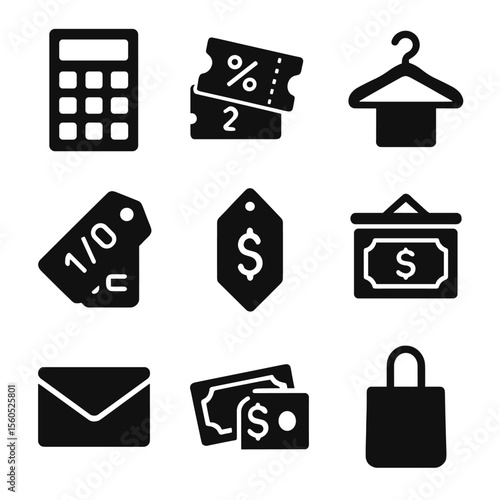 Budget Shopping Icons. Solid, filled icon set of budget shopping adventure: calculator icon, discount coupons, thrift store hanger