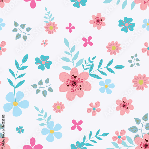 Fashion liberty pink and blue flowers rustic vector pattern for textile, wallpapers. A lot of different flowers on the field
