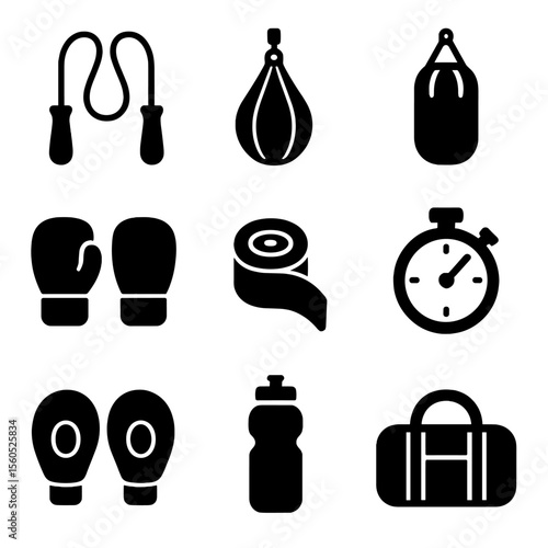 Boxing Equipment Icons. Solid, filled icon set of boxing training equipment: jump rope, speed bag, heavy bag, gloves, hand wraps,