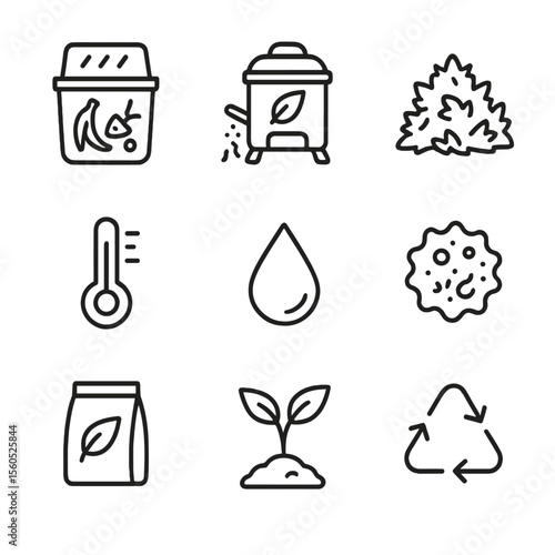 Composting Lifecycle Icons. Outline icon set of composting lifecycle: home compost bin, industrial composter, leaf pile, compost