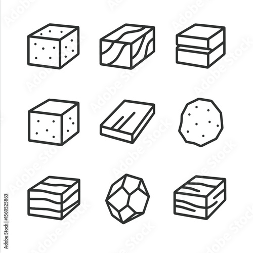 Building Stones Icons. Outline icon set of building stones: granite block, marble slab, sandstone brick, limestone block, slate