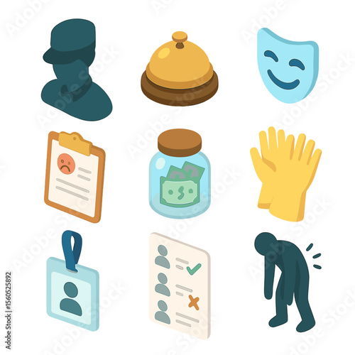 Emotional Labor Icons. Isometric Flat icon set of emotional labor in service roles: uniformed worker silhouette, service bell,