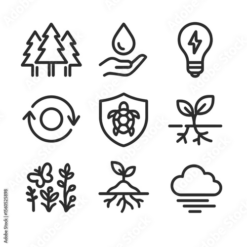 Conservation Benefits Icons. Outline icon set of conservation benefits: forest preservation, water savings, energy reduction,