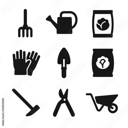 Cabbage Cultivation Icons. Solid, filled icon set of cabbage cultivation tools: garden fork, watering can, seed packet, gardening