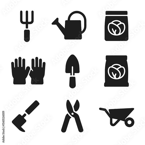 Cabbage Cultivation Icons. Solid, filled icon set of cabbage cultivation tools: garden fork, watering can, seed packet, gardening