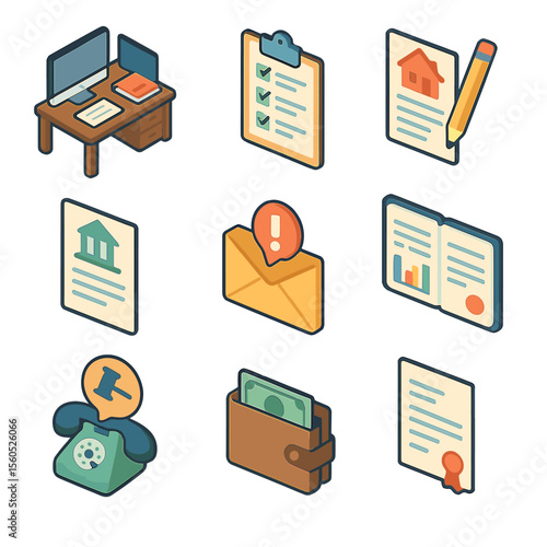 Estate Administration Icons. Isometric Flat icon set of estate administration tasks: executor desk, inventory list, property