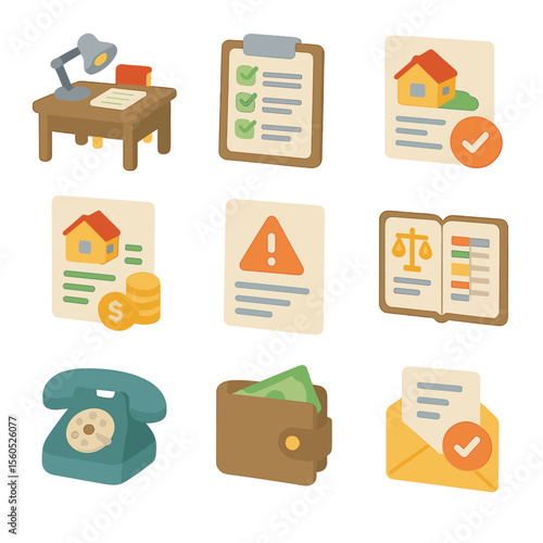 Estate Administration Icons. Isometric Flat icon set of estate administration tasks: executor desk, inventory list, property