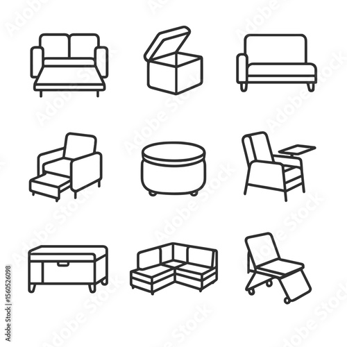 Convertible Seating Icons. Outline icon set of convertible seating: sofa bed, storage ottoman, futon, sleeper chair, pouf table,
