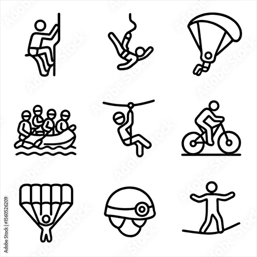 Extreme Sports Icons. Outline icon set of extreme outdoor sports: rock climbing, bungee jumping, paragliding, whitewater rafting,