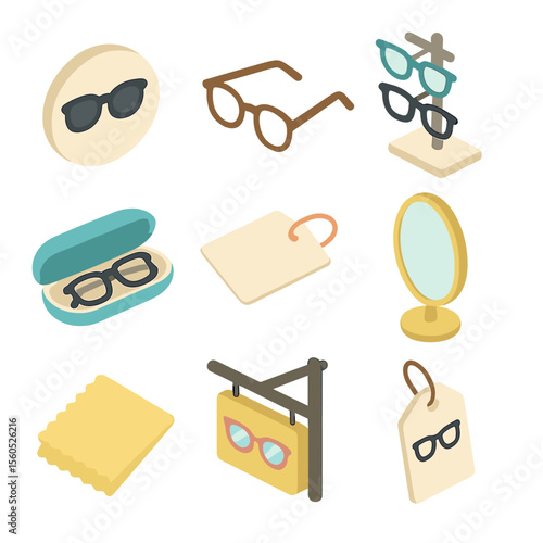 Eyewear Icon Collection. Isometric Flat icon set of eyewear fashion branding: designer logo sunglasses, reading glasses model,