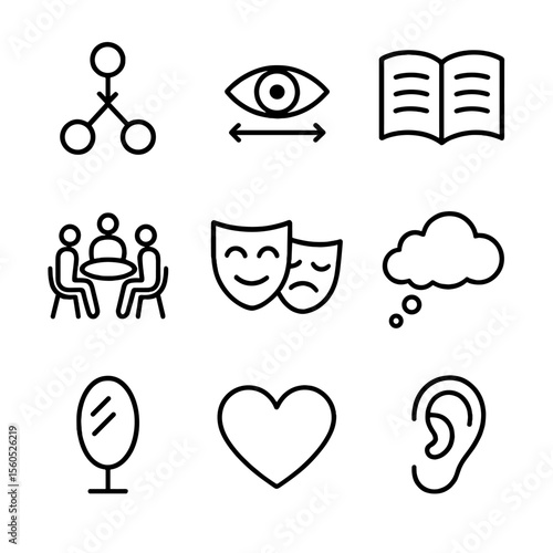 Counseling Icon Set. Outline icon set of counseling approaches: CBT diagram, EMDR eye movement, narrative book, group circle, role