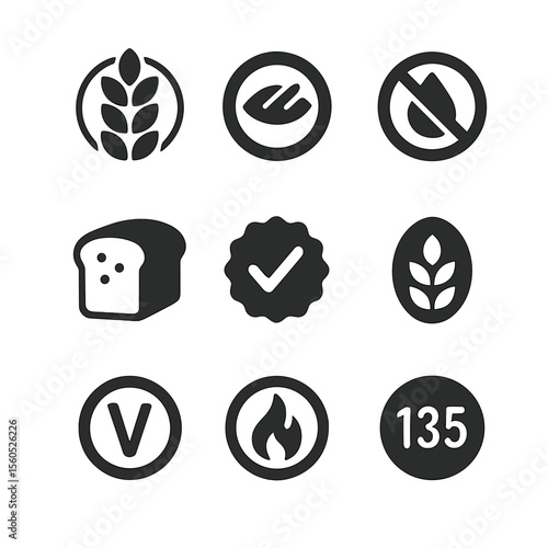 Bread Health Icons. Solid, Filled icon set of bread health indicators: whole grain icon, fiber symbol, low sodium badge,