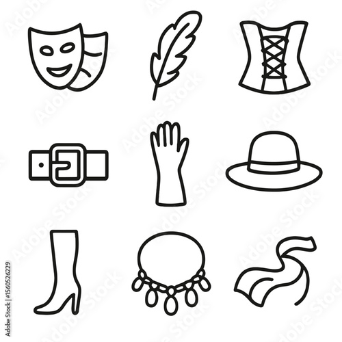 Costume Accessories Icons. Outline icon set of costume accessories: theatrical mask, feather plume, corset outline, belt buckle,