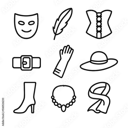Costume Accessories Icons. Outline icon set of costume accessories: theatrical mask, feather plume, corset outline, belt buckle,