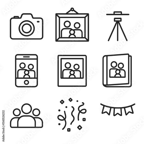 Family Memories Icons. Outline icon set of family photos and memories: camera, photo frame, tripod, smartphone, polaroid print,