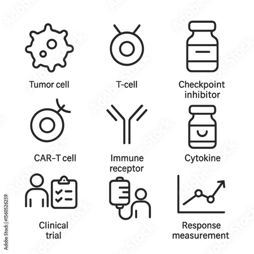 Cancer Immunotherapy Icons. Outline icon set of cancer immunotherapy: tumor cell silhouette, T-cell icon, checkpoint inhibitor